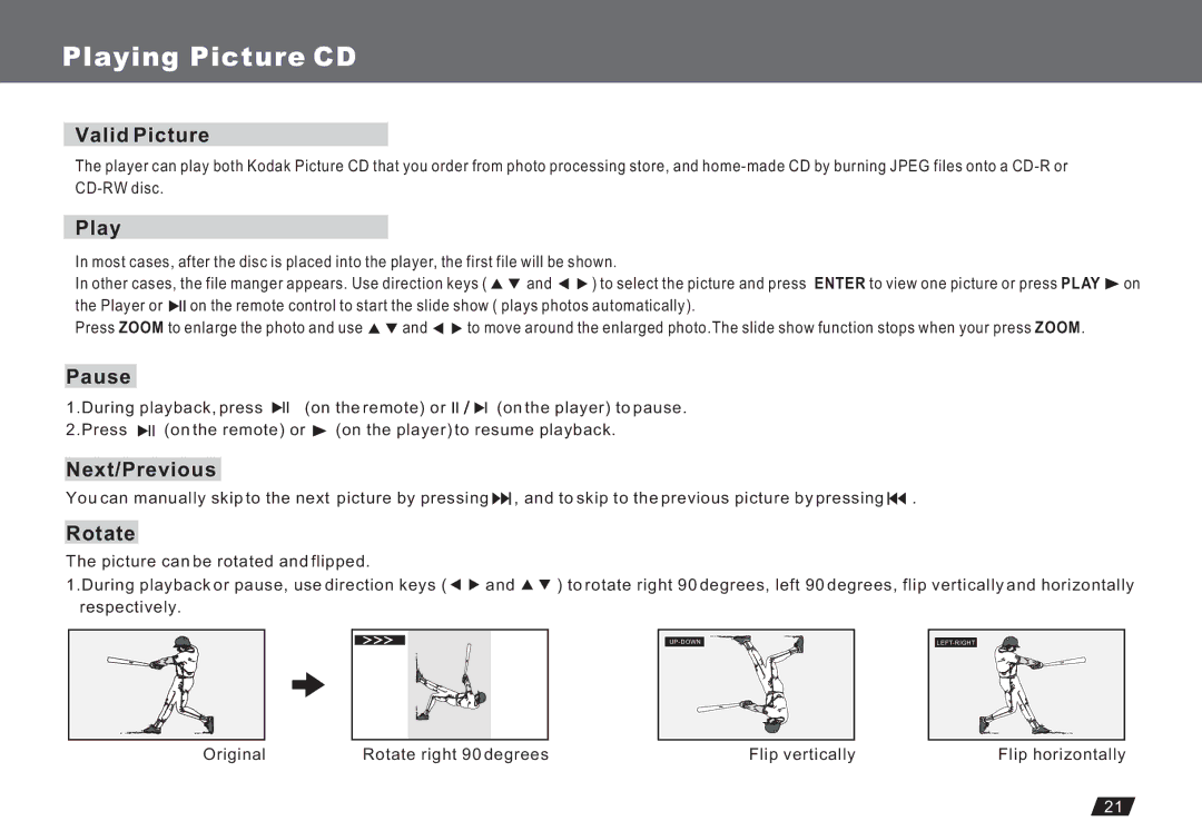 Lenco Marine DVP-722 owner manual Playing Picture CD, Valid Picture, Pause, Next/Previous, Rotate 