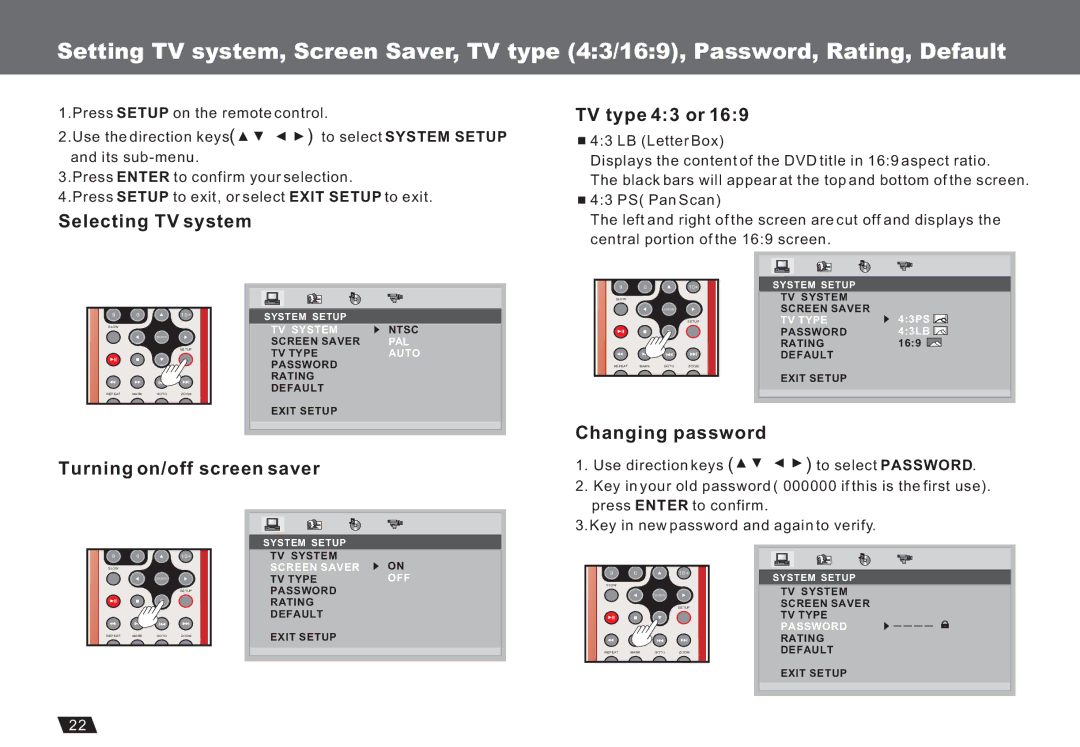 Lenco Marine DVP-722 owner manual Selecting TV system TV type 43 or, Turning on/off screen saver Changing password 