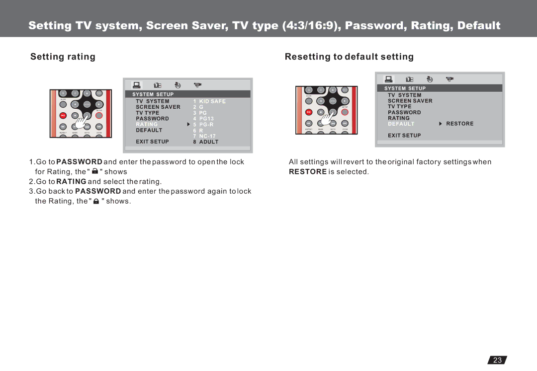 Lenco Marine DVP-722 owner manual Setting rating Resetting to default setting, Adult 