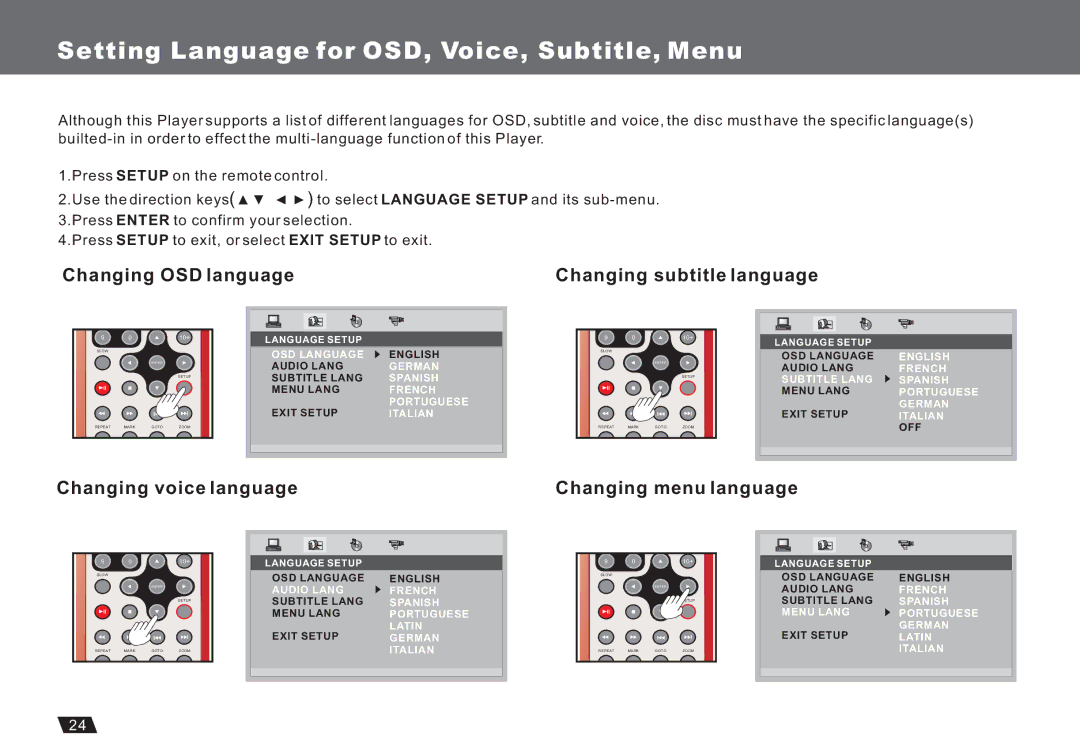 Lenco Marine DVP-722 Setting Language for OSD, Voice, Subtitle, Menu, Changing OSD language Changing subtitle language 