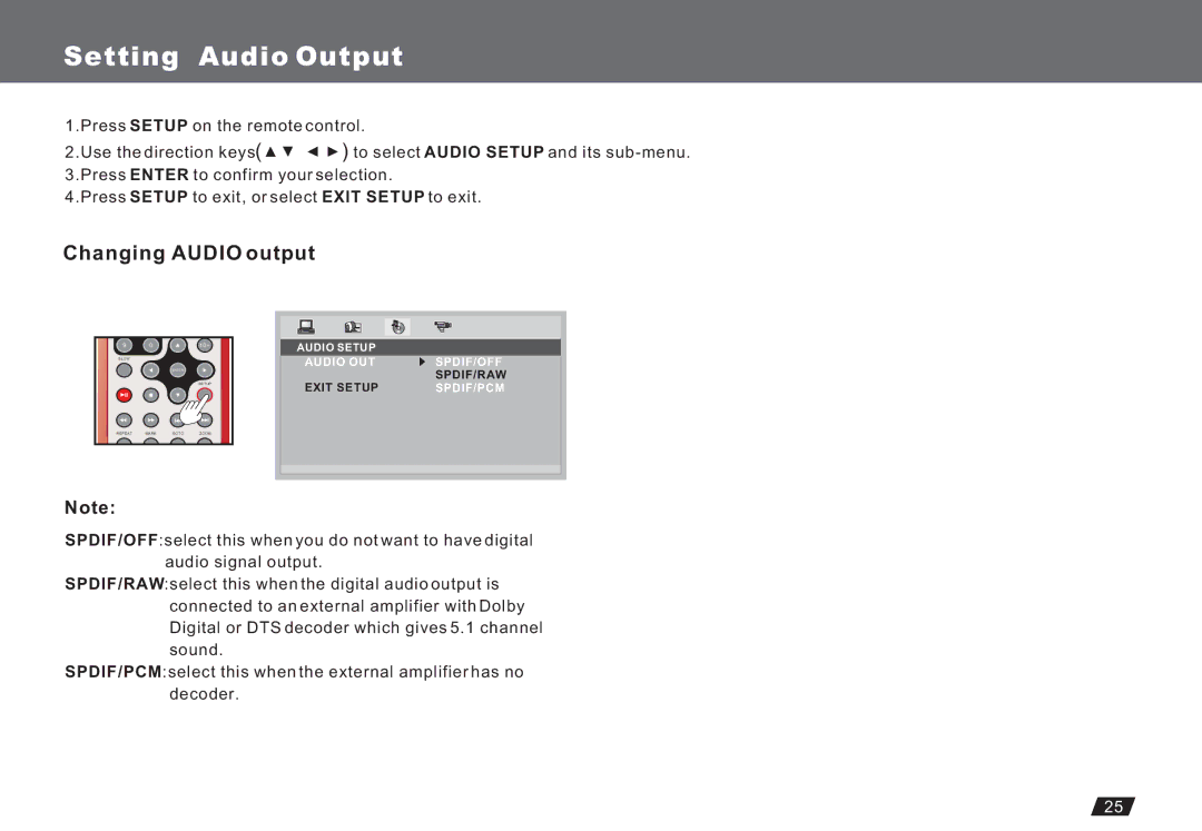 Lenco Marine DVP-722 owner manual Setting Audio Output, Changing Audio output 