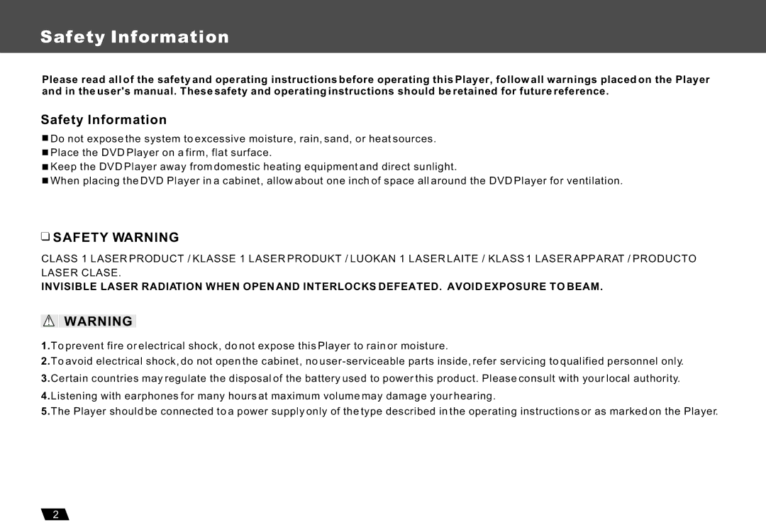 Lenco Marine DVP-722 owner manual Safety Information, Safety Warning 