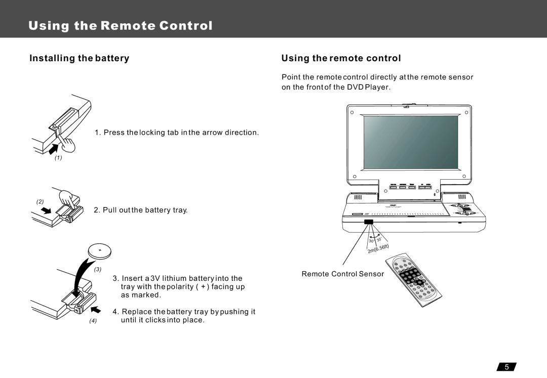 Lenco Marine DVP-722 owner manual Using the Remote Control, Installing the battery, Using the remote control 