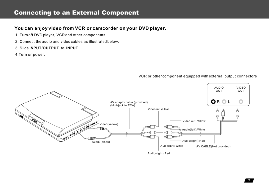 Lenco Marine DVP-722 owner manual Connecting to an External Component, Slide INPUT/OUTPUT to Input 