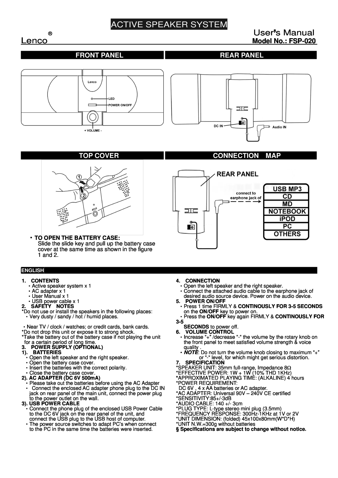 Lenco Marine user manual Active Speaker System, User s Manual, Lenco, Model No. FSP-020, Front Panel, Rear Panel 