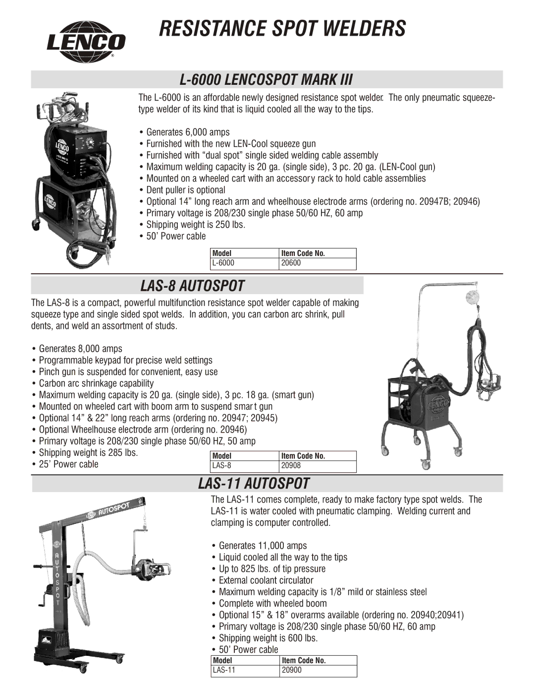 Lenco Marine L-6000 manual Resistance Spot Welders, Lencospot Mark, LAS-8 Autospot, LAS-11 Autospot 