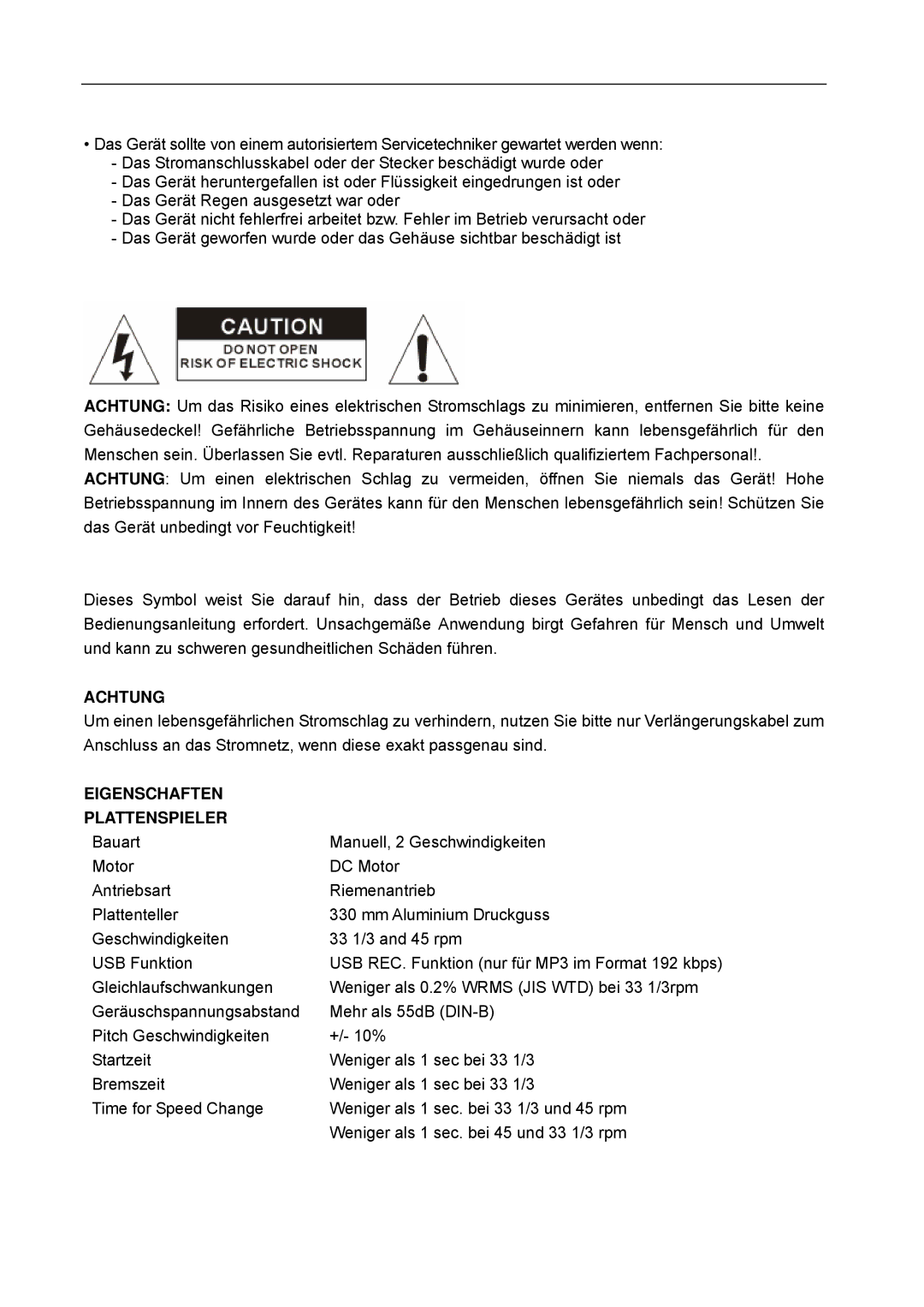 Lenco Marine L-80 USB user manual Achtung, Eigenschaften Plattenspieler 