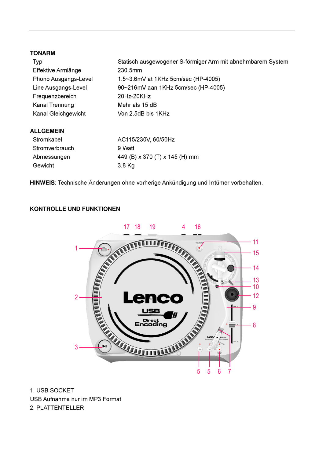 Lenco Marine L-80 USB user manual Tonarm, Allgemein, Kontrolle UND Funktionen, Plattenteller 