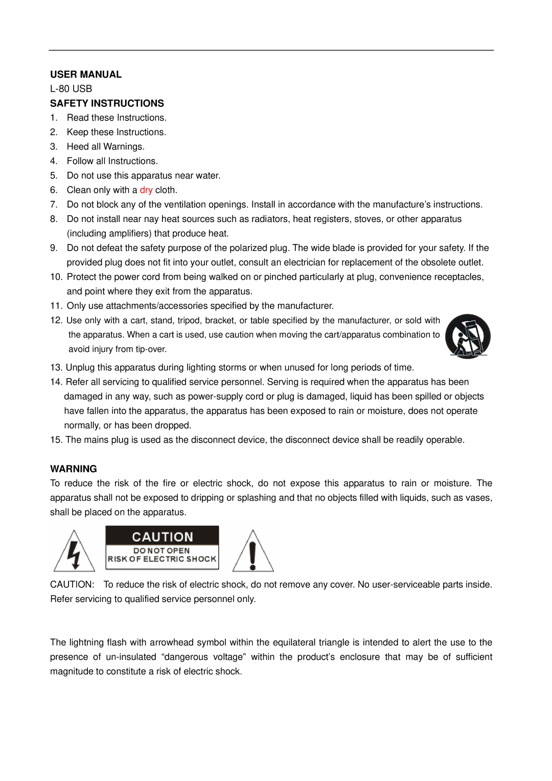 Lenco Marine L-80 USB user manual Safety Instructions 