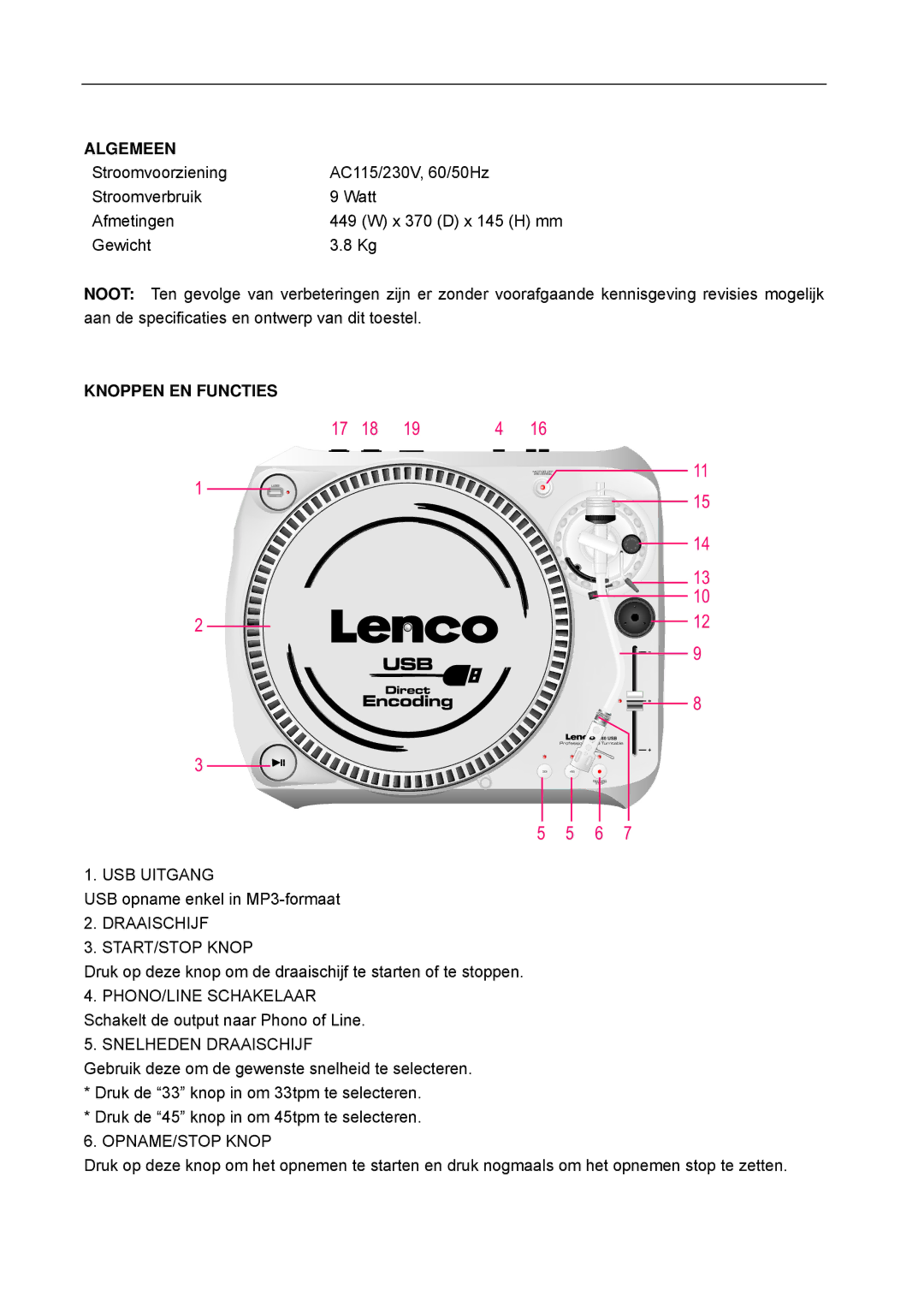 Lenco Marine L-80 USB user manual Algemeen, Knoppen EN Functies 