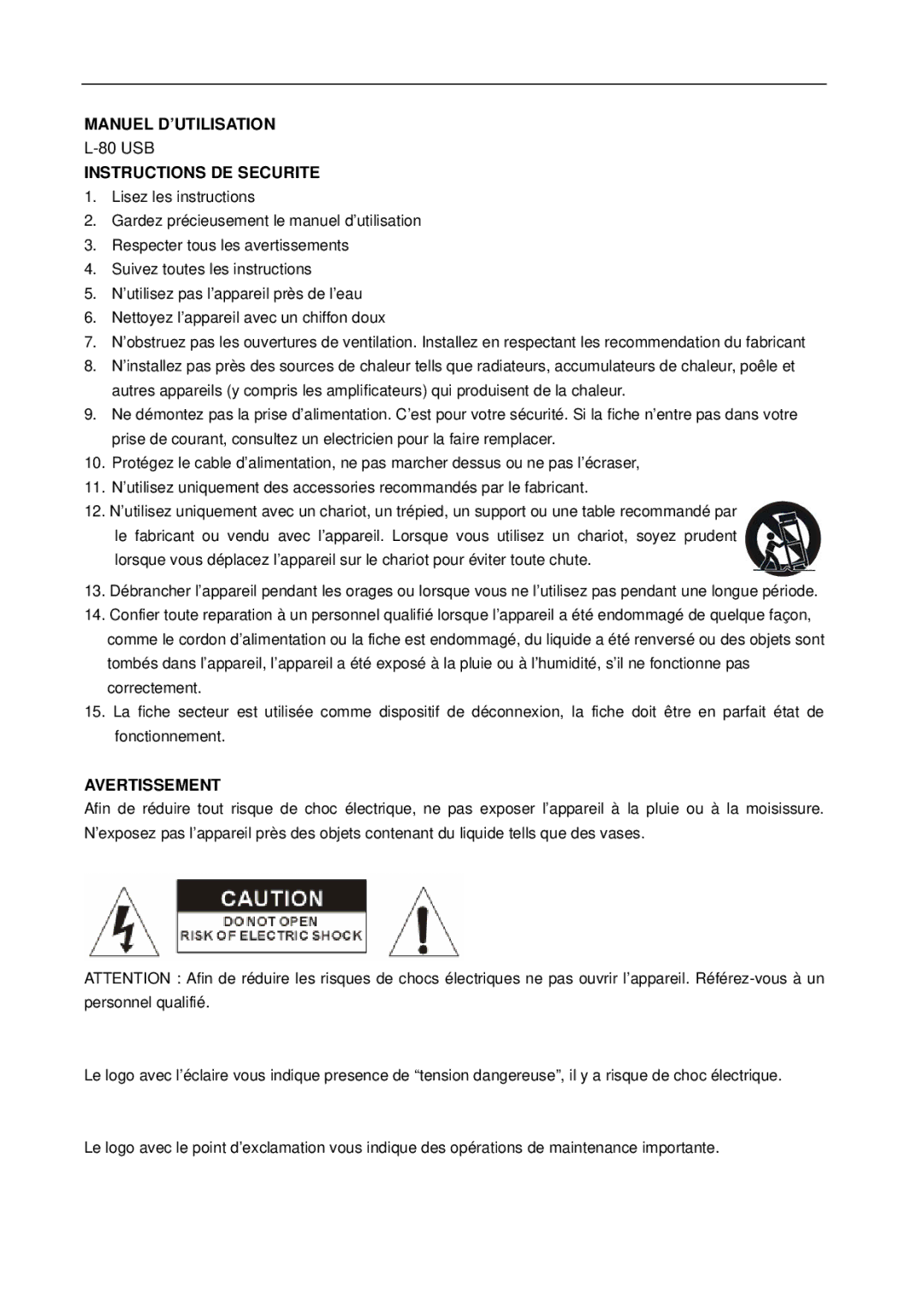 Lenco Marine L-80 USB user manual Manuel D’UTILISATION, Instructions DE Securite, Avertissement 