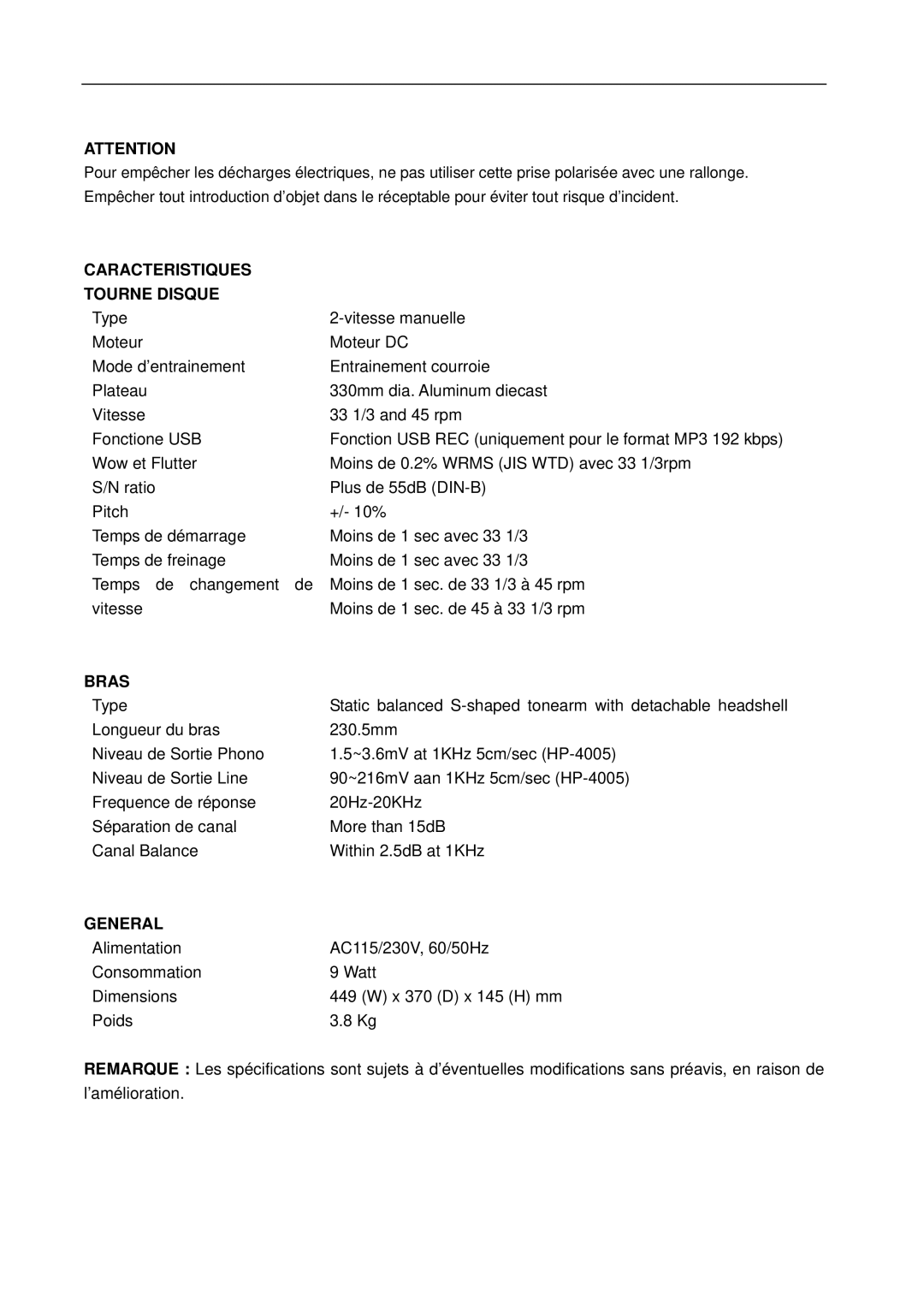 Lenco Marine L-80 USB user manual Caracteristiques Tourne Disque, Bras 