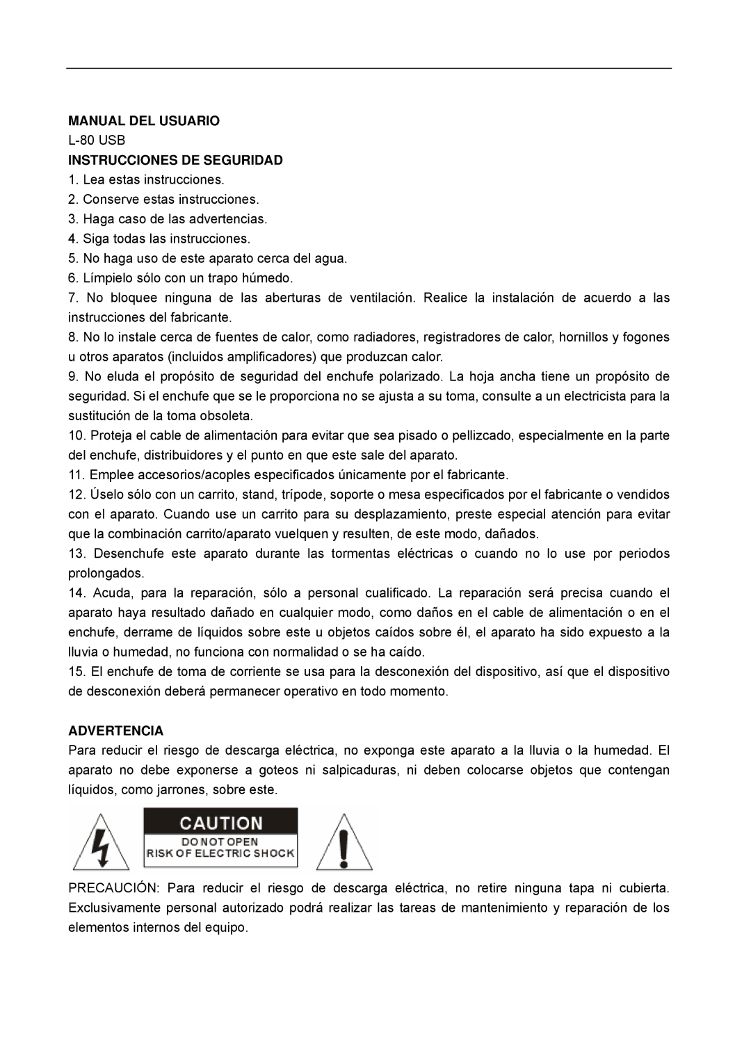 Lenco Marine L-80 USB user manual Manual DEL Usuario, Instrucciones DE Seguridad, Advertencia 