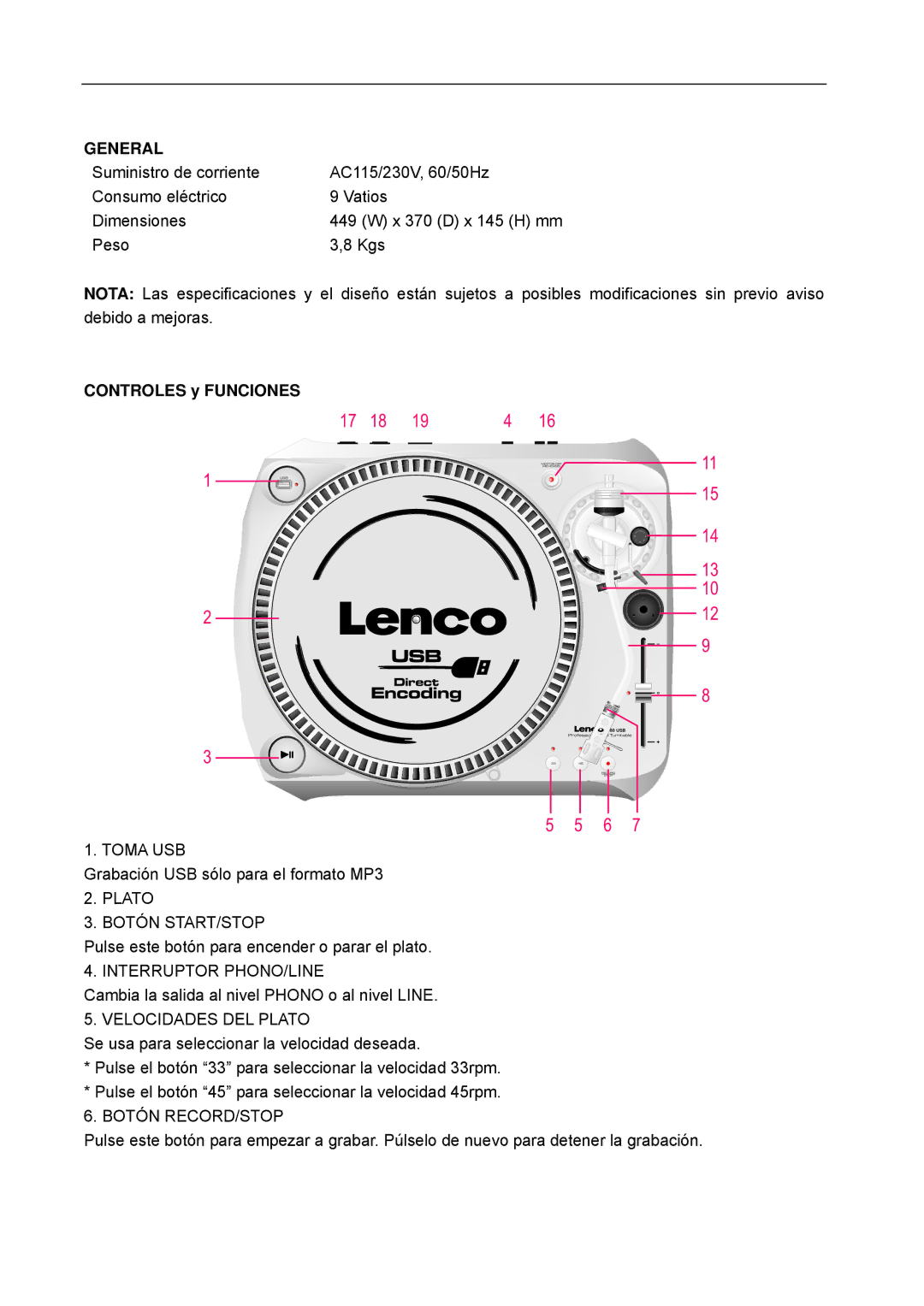 Lenco Marine L-80 USB Toma USB, Plato Botón START/STOP, Interruptor PHONO/LINE, Velocidades DEL Plato, Botón RECORD/STOP 