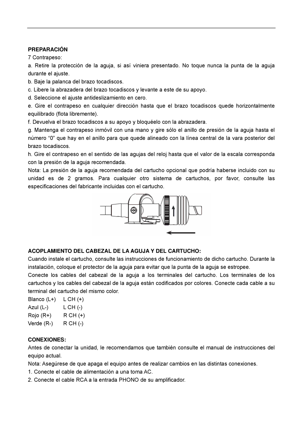 Lenco Marine L-80 USB user manual Preparación, Acoplamiento DEL Cabezal DE LA Aguja Y DEL Cartucho, Conexiones 