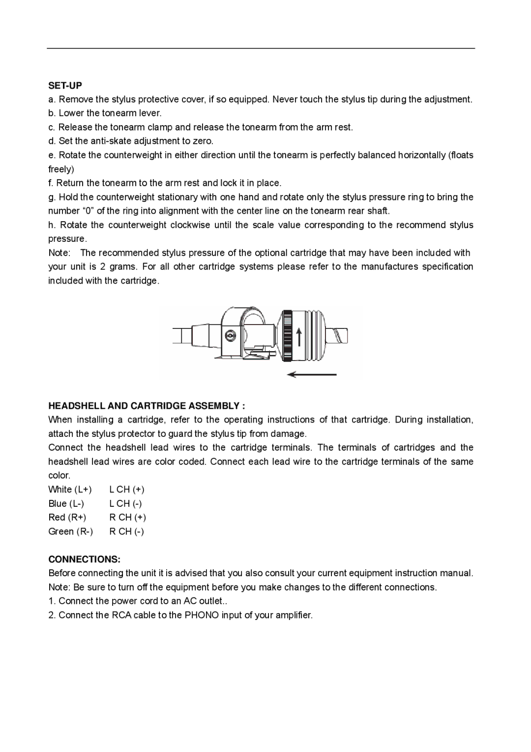 Lenco Marine L-80 USB user manual Set-Up, Headshell and Cartridge Assembly, Connections 