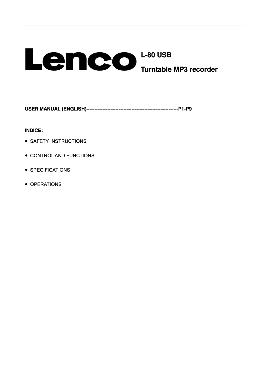 Lenco Marine L-80 USB user manual L-80USB Turntable MP3 recorder, P1-P9, Indice 