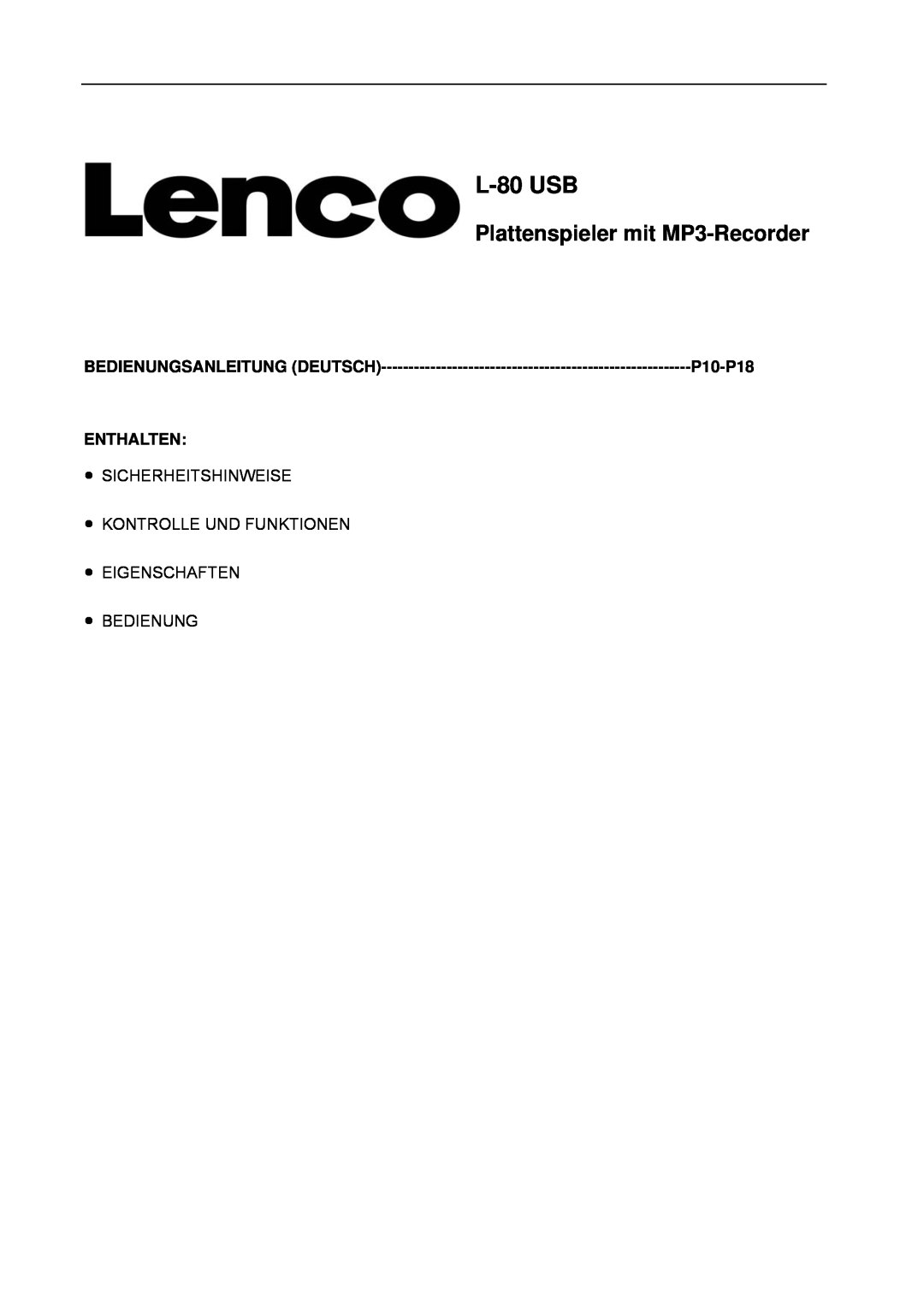 Lenco Marine L-80 USB user manual L-80USB, Plattenspieler mit MP3-Recorder, P10-P18, Enthalten, Bedienungsanleitung Deutsch 