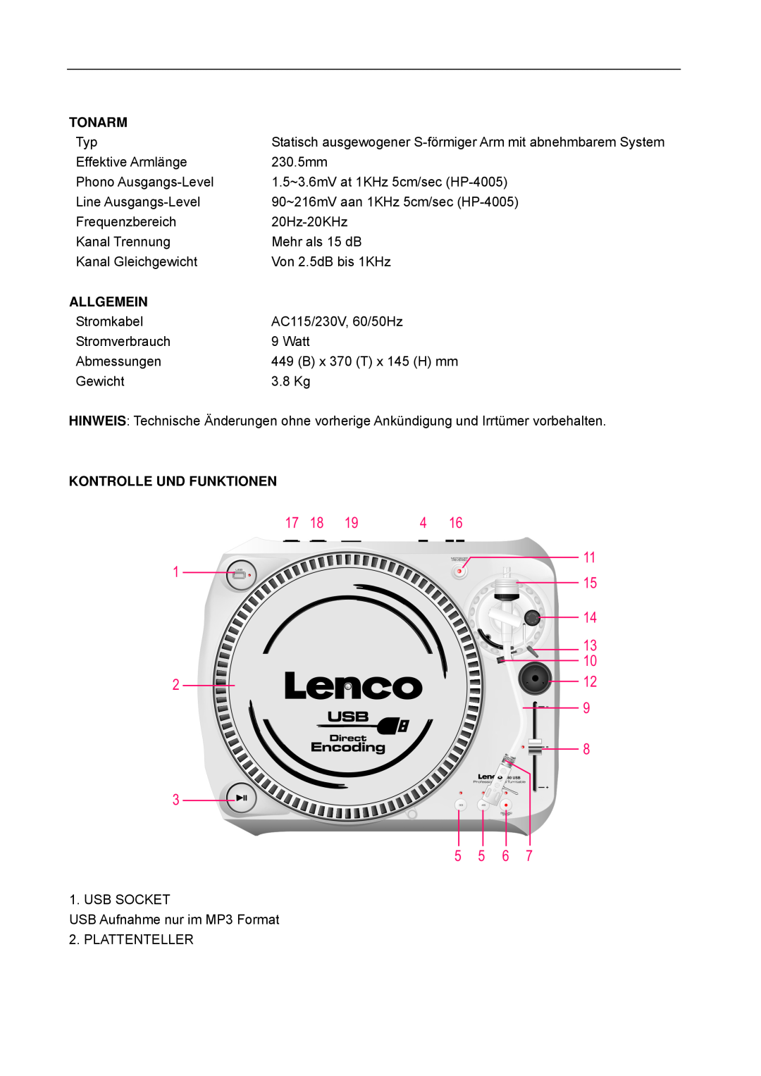 Lenco Marine L-80 USB user manual Tonarm, Allgemein, Kontrolle Und Funktionen 