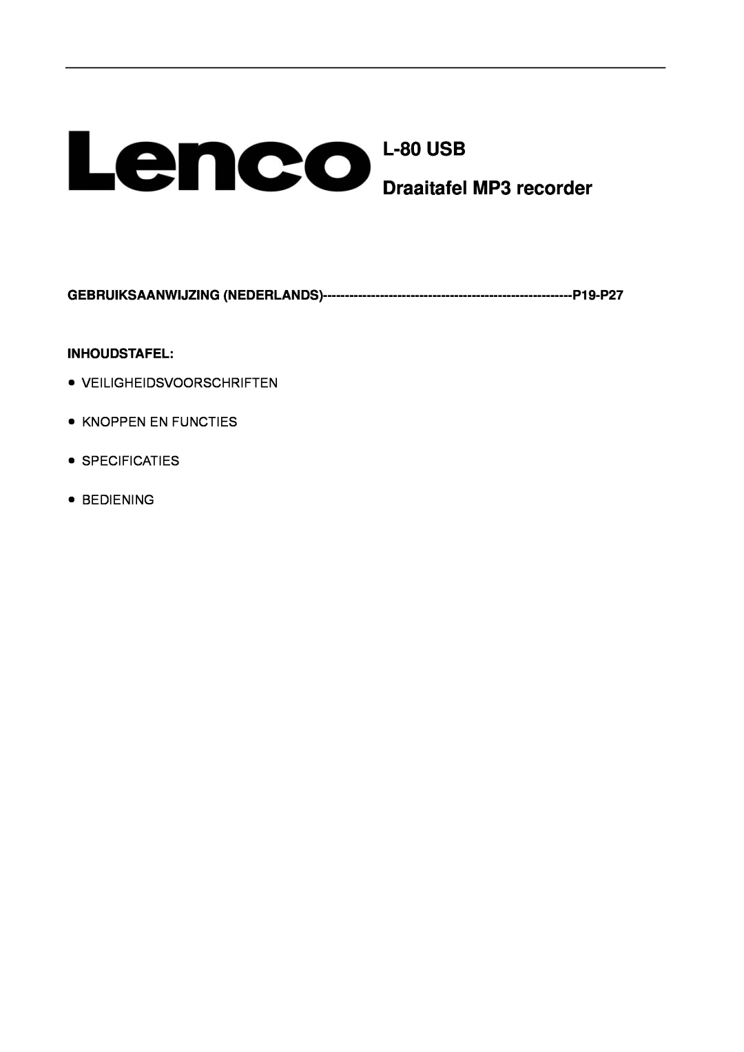 Lenco Marine L-80 USB user manual L-80USB Draaitafel MP3 recorder, P19-P27, Inhoudstafel, Gebruiksaanwijzing Nederlands 