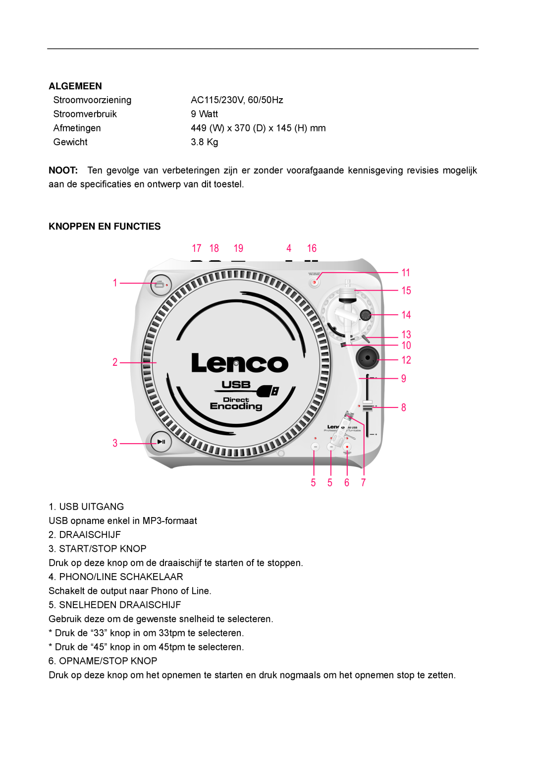 Lenco Marine L-80 USB user manual Algemeen, Knoppen En Functies 