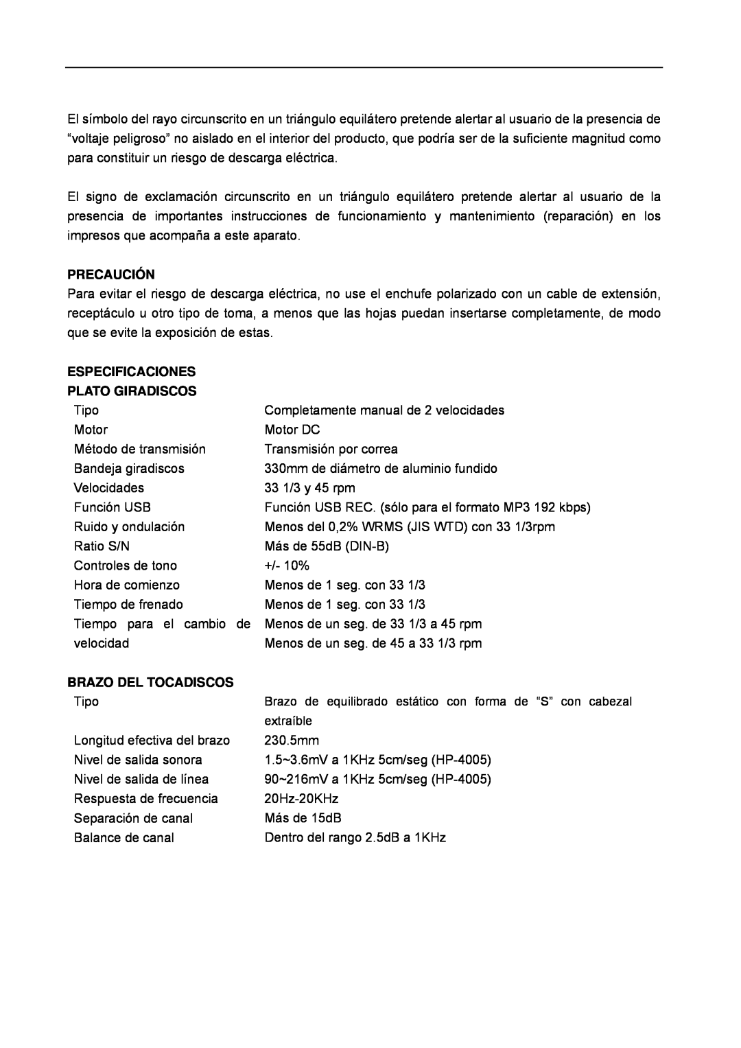 Lenco Marine L-80 USB user manual Precaución, Especificaciones, Plato Giradiscos, Brazo Del Tocadiscos 