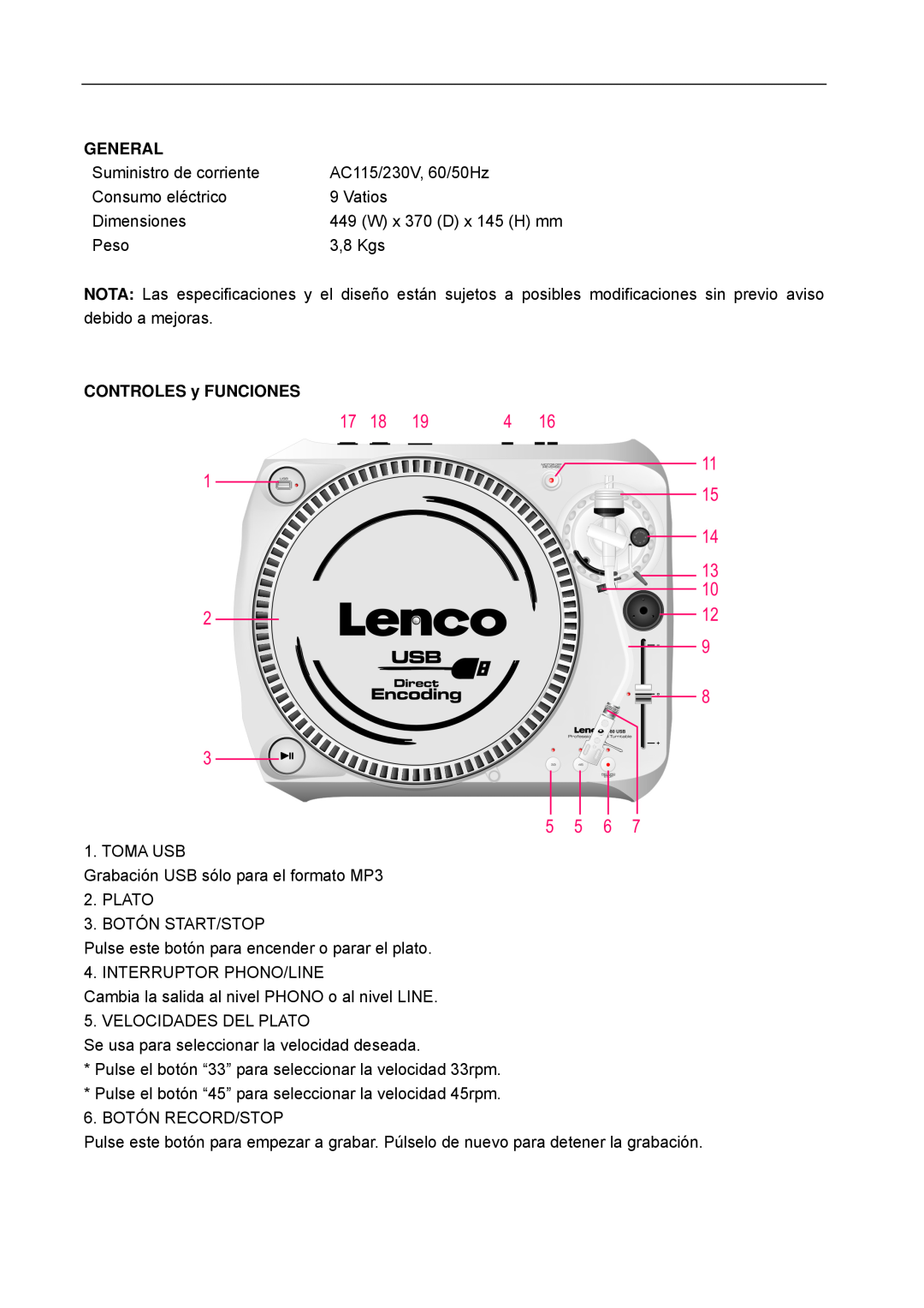 Lenco Marine L-80 USB user manual CONTROLES y FUNCIONES, General 