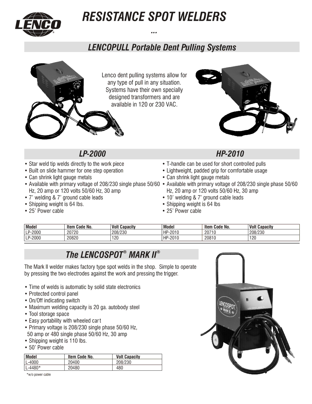 Lenco Marine HP-2010 manual Resistance Spot Welders, Lencopull Portable Dent Pulling Systems, Lencospot Mark, LP-2000 