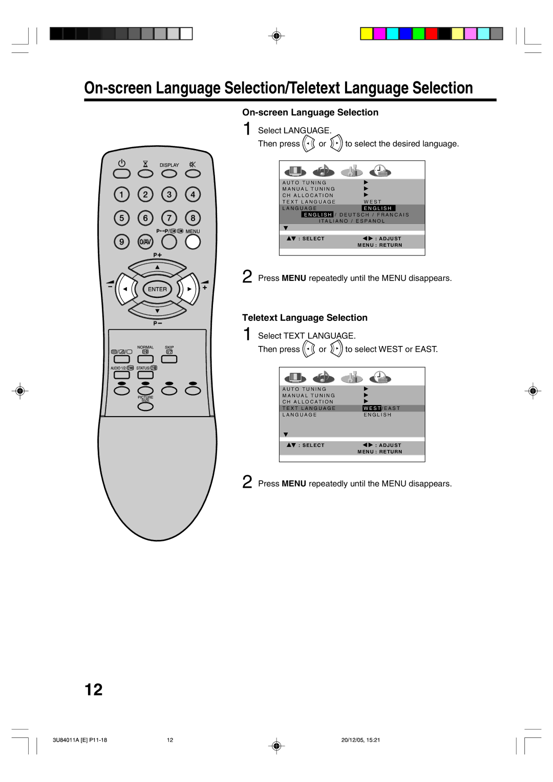 Lenco Marine PL 4201 On-screen Language Selection, Teletext Language Selection, Select Language Then press 