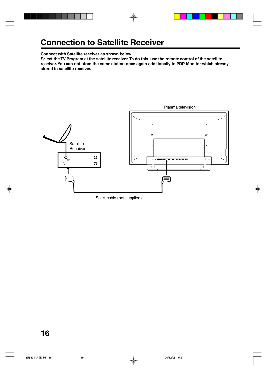 Lenco Marine PL 4201 operating instructions Connection to Satellite Receiver, Plasma television, Scart-cable not supplied 