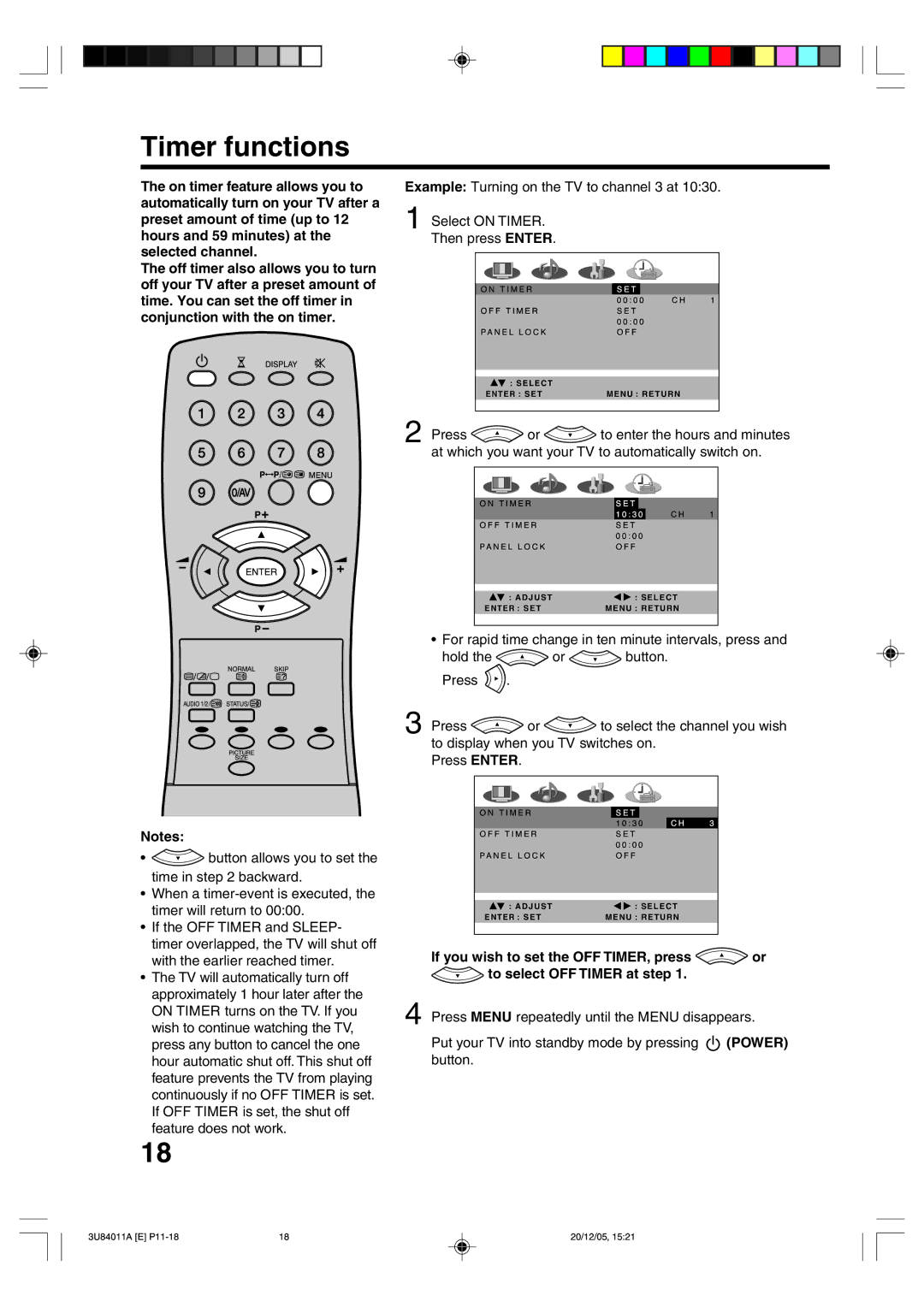 Lenco Marine PL 4201 operating instructions Timer functions, Press Menu repeatedly until the Menu disappears 