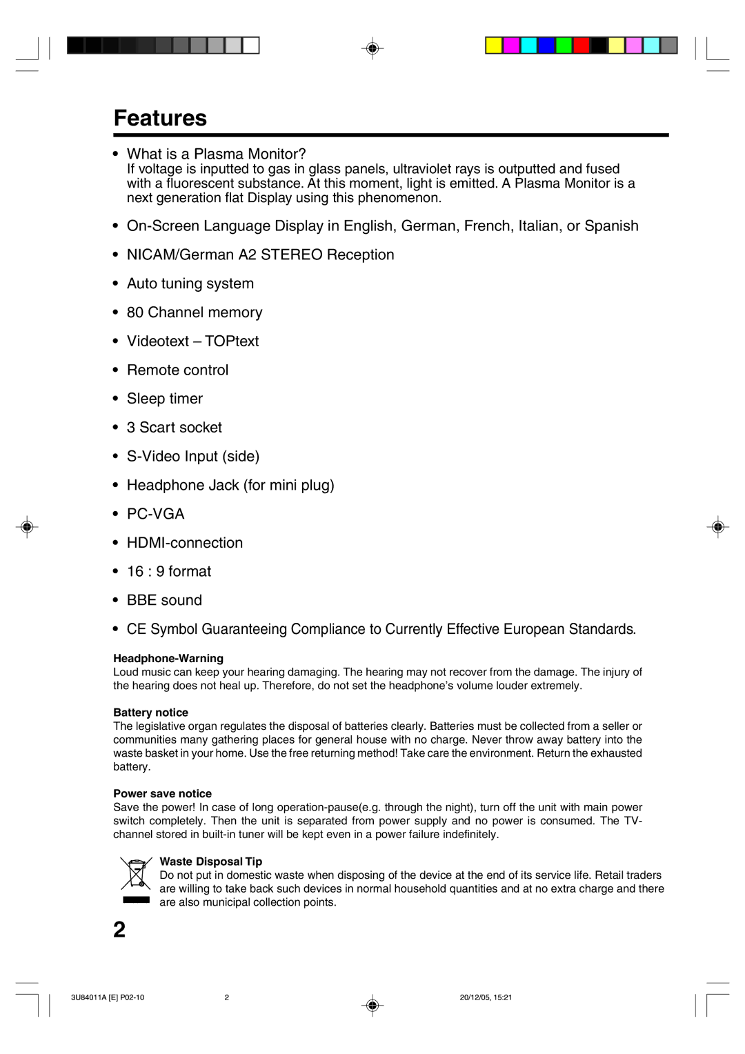 Lenco Marine PL 4201 Features, Headphone-Warning, Battery notice, Power save notice, Waste Disposal Tip 