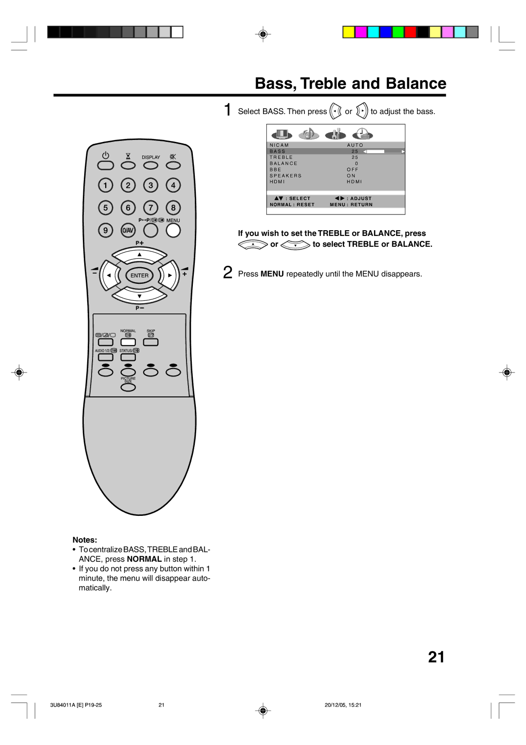 Lenco Marine PL 4201 operating instructions Bass, Treble and Balance, Select BASS. Then press or to adjust the bass 