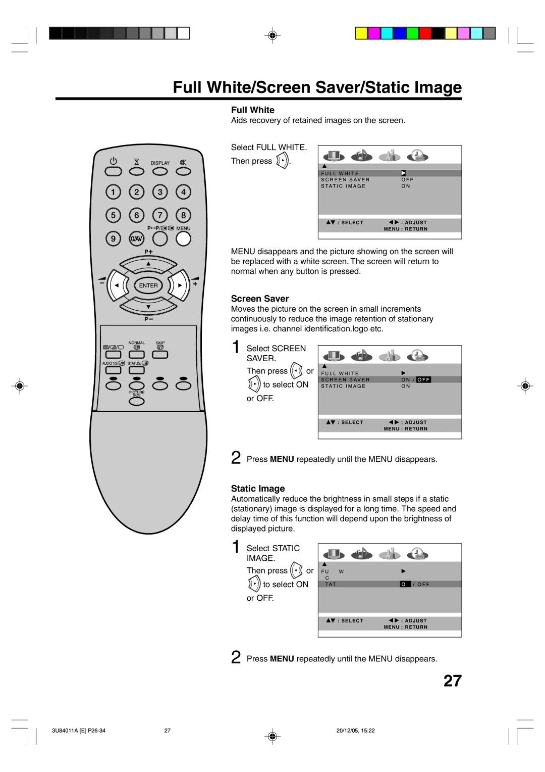 Lenco Marine PL 4201 operating instructions Full White/Screen Saver/Static Image 