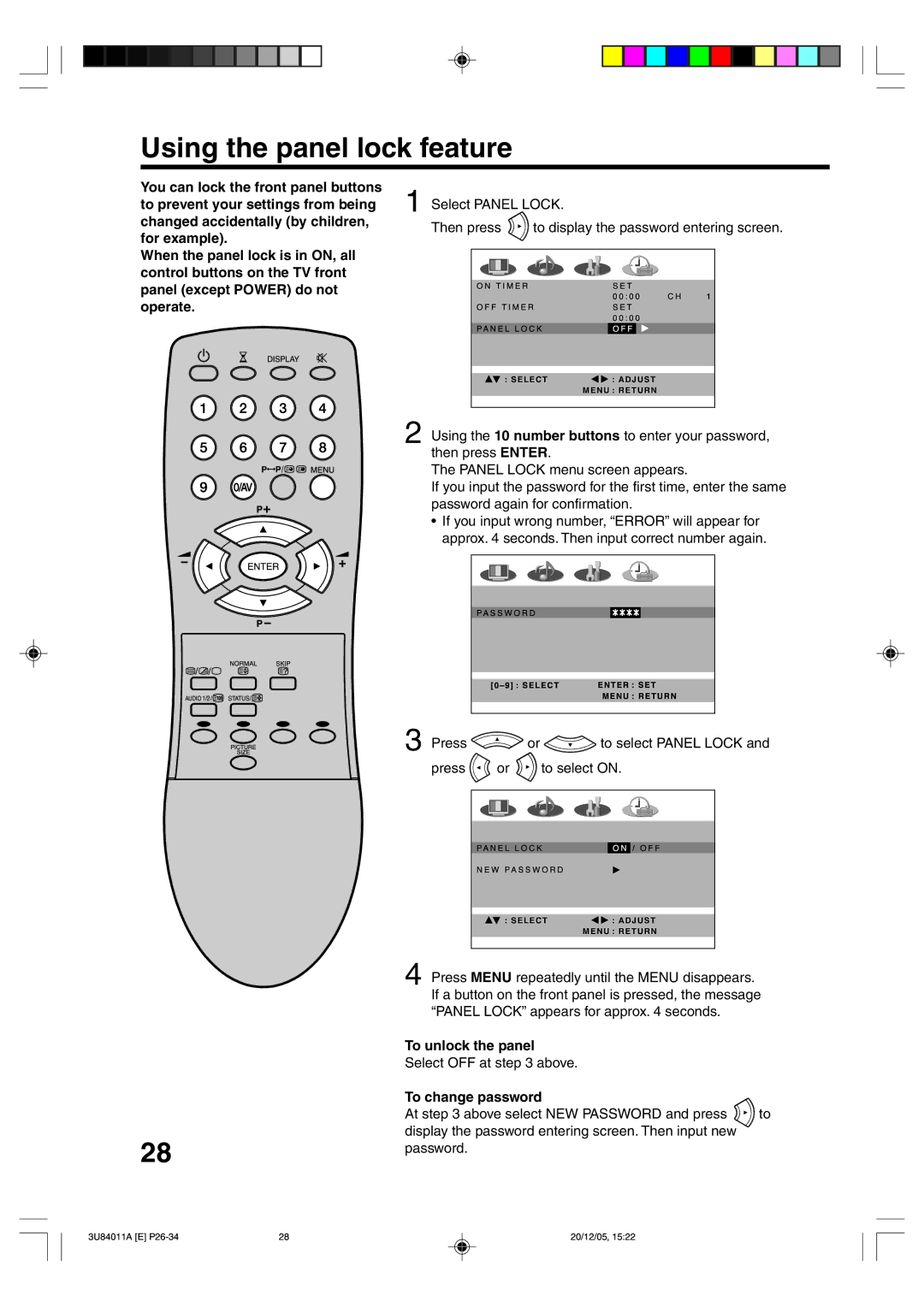 Lenco Marine PL 4201 operating instructions Using the panel lock feature, To unlock the panel, To change password 