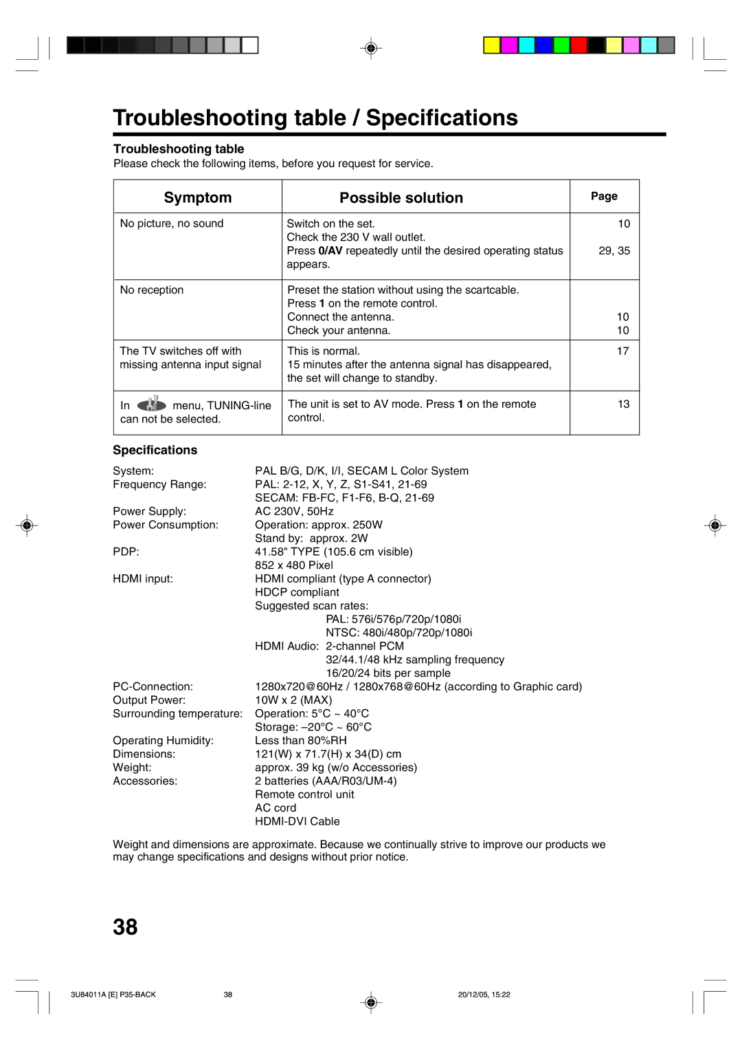 Lenco Marine PL 4201 operating instructions Troubleshooting table / Specifications 