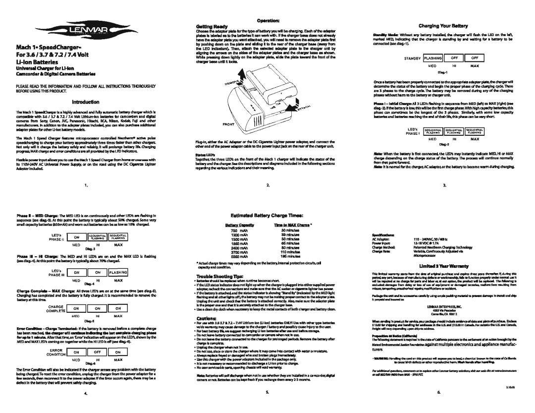 Lenmar Enterprises 3.6 Volt, 7.2 Volt, 7.4 Volt, 3.7 Volt manual 