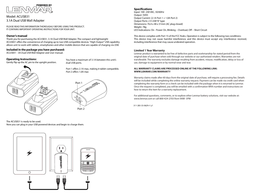 Lenmar Enterprises owner manual Model ACUSB31 1A Dual USB Wall Adapter, Specifications, Operating Instructions 