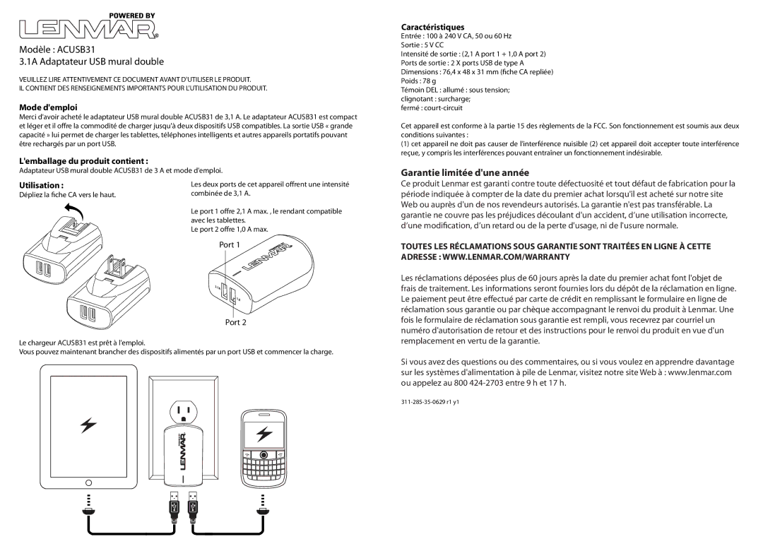 Lenmar Enterprises Modèle ACUSB31 1A Adaptateur USB mural double, Mode demploi, Lemballage du produit contient 