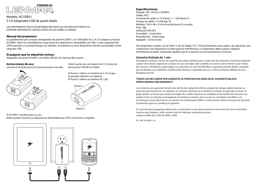 Lenmar Enterprises owner manual Modelo ACUSB31 1A Adaptador USB de pared doble, Garantía limitada de 1 año 