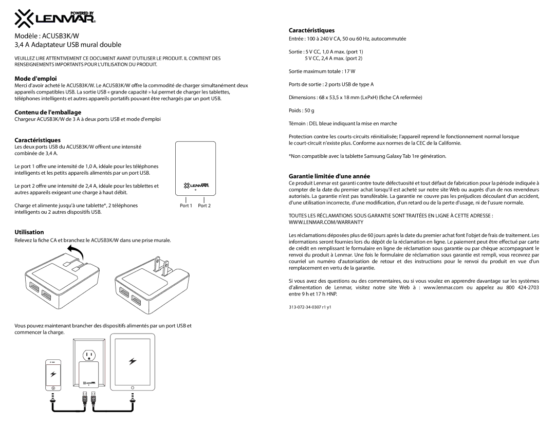 Lenmar Enterprises owner manual Modèle ACUSB3K/W Adaptateur USB mural double 