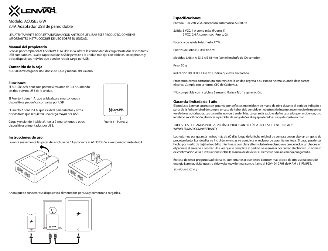 Lenmar Enterprises owner manual Modelo ACUSB3K/W 4A Adaptador USB de pared doble 