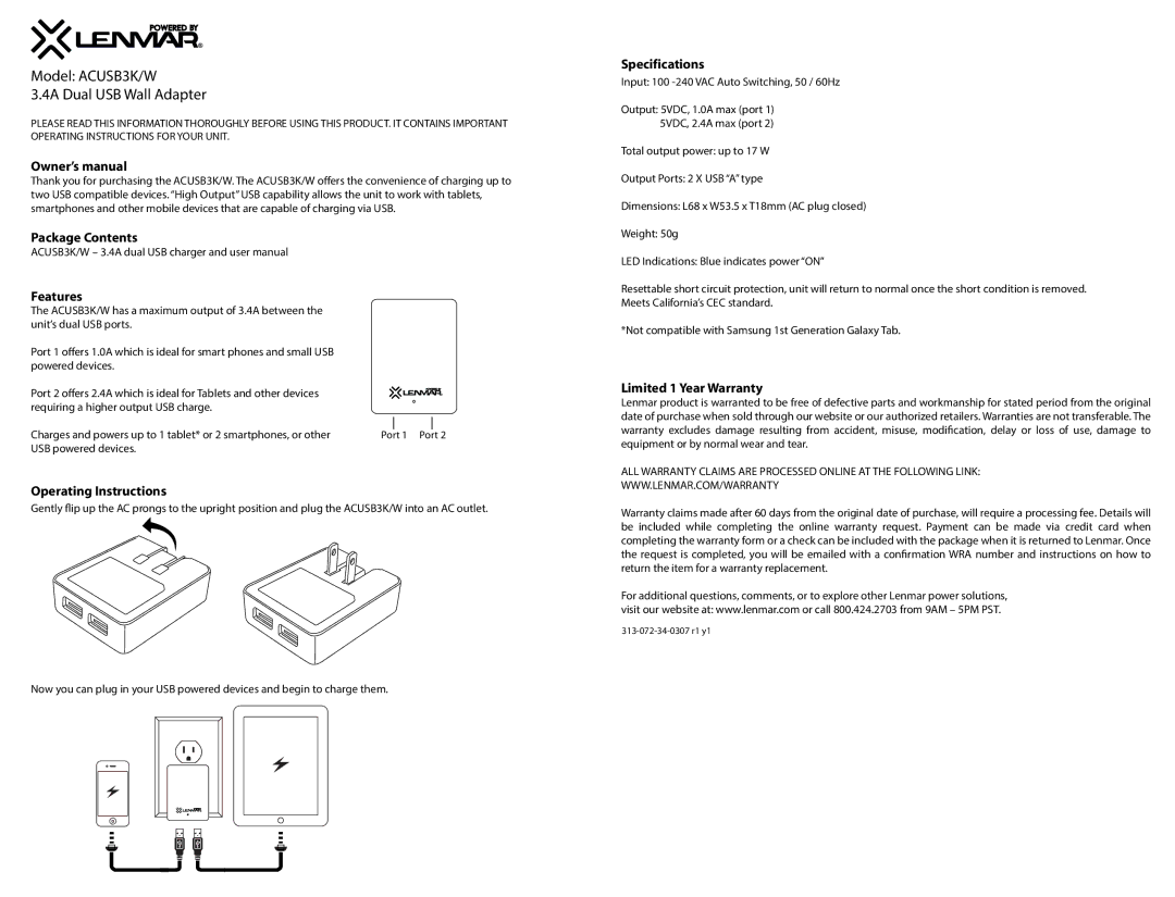 Lenmar Enterprises owner manual Model ACUSB3K/W 4A Dual USB Wall Adapter, Package Contents Features, Specifications 