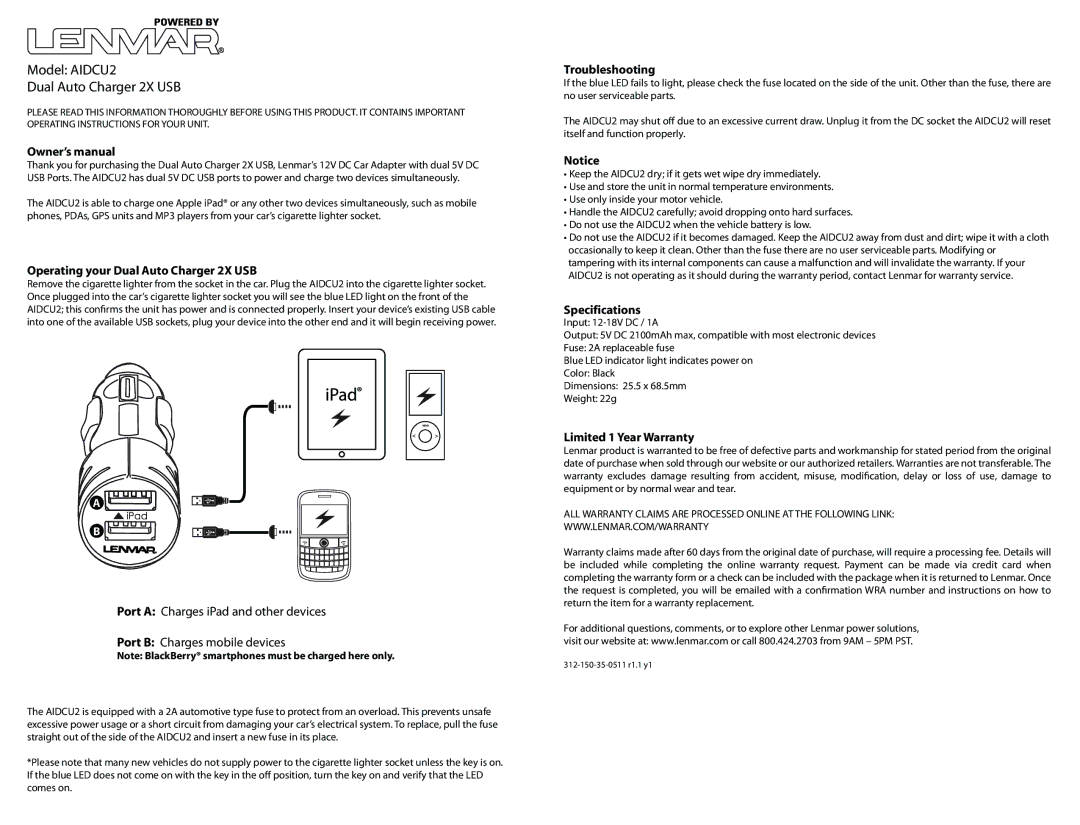 Lenmar Enterprises owner manual Model AIDCU2 Dual Auto Charger 2X USB, Operating your Dual Auto Charger 2X USB 