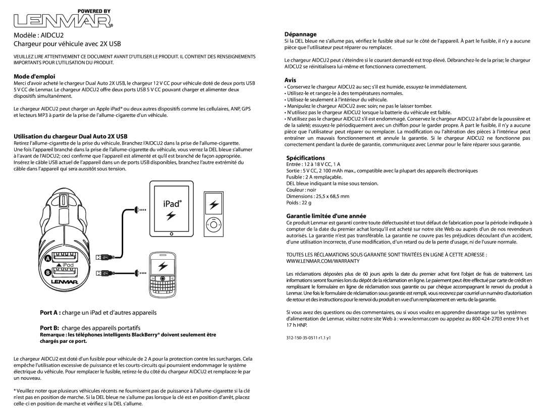 Lenmar Enterprises owner manual Modèle AIDCU2 Chargeur pour véhicule avec 2X USB 