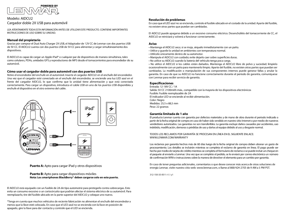 Lenmar Enterprises owner manual Modelo AIDCU2 Cargador doble 2X USB para automóvil 