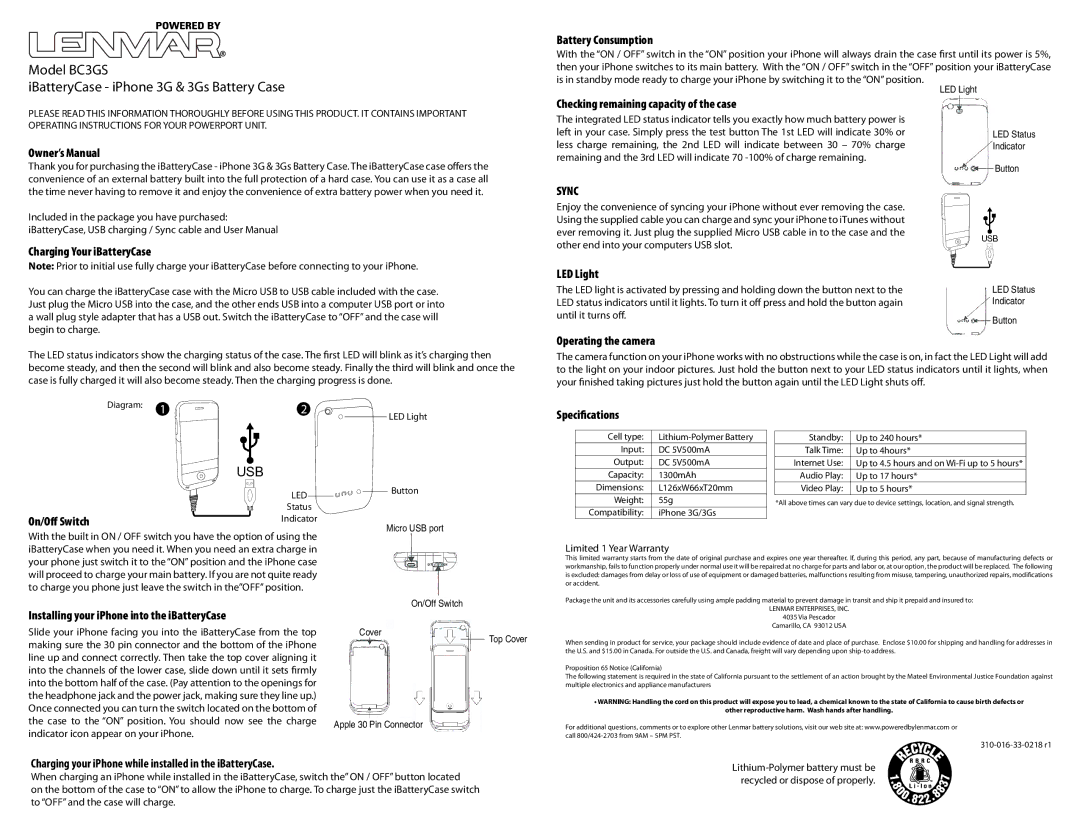 Lenmar Enterprises BC3GS owner manual Battery Consumption, Charging Your iBatteryCase, LED Light, Operating the camera 