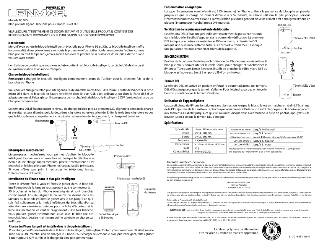 Lenmar Enterprises BC3GS Consommation énergétique, Vériﬁcation de la puissance restante du bloc-pile, Témoin DEL 