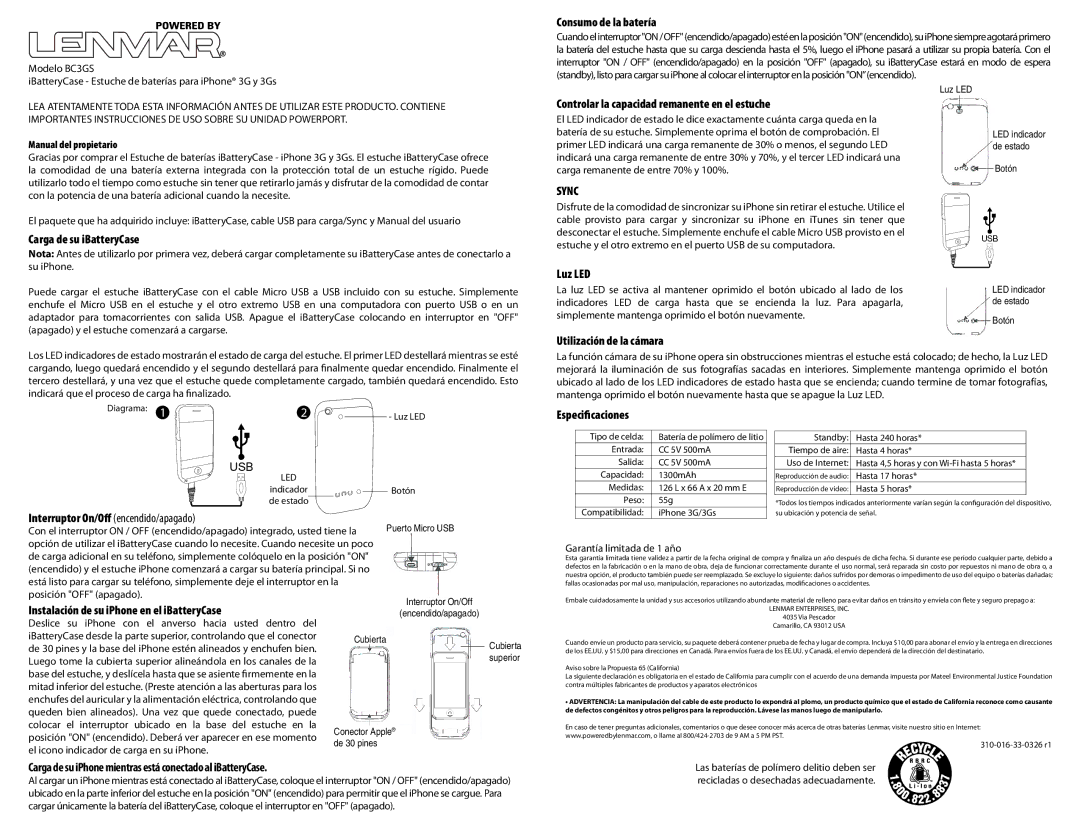 Lenmar Enterprises BC3GS Consumo de la batería, Carga de su iBatteryCase, Controlar la capacidad remanente en el estuche 