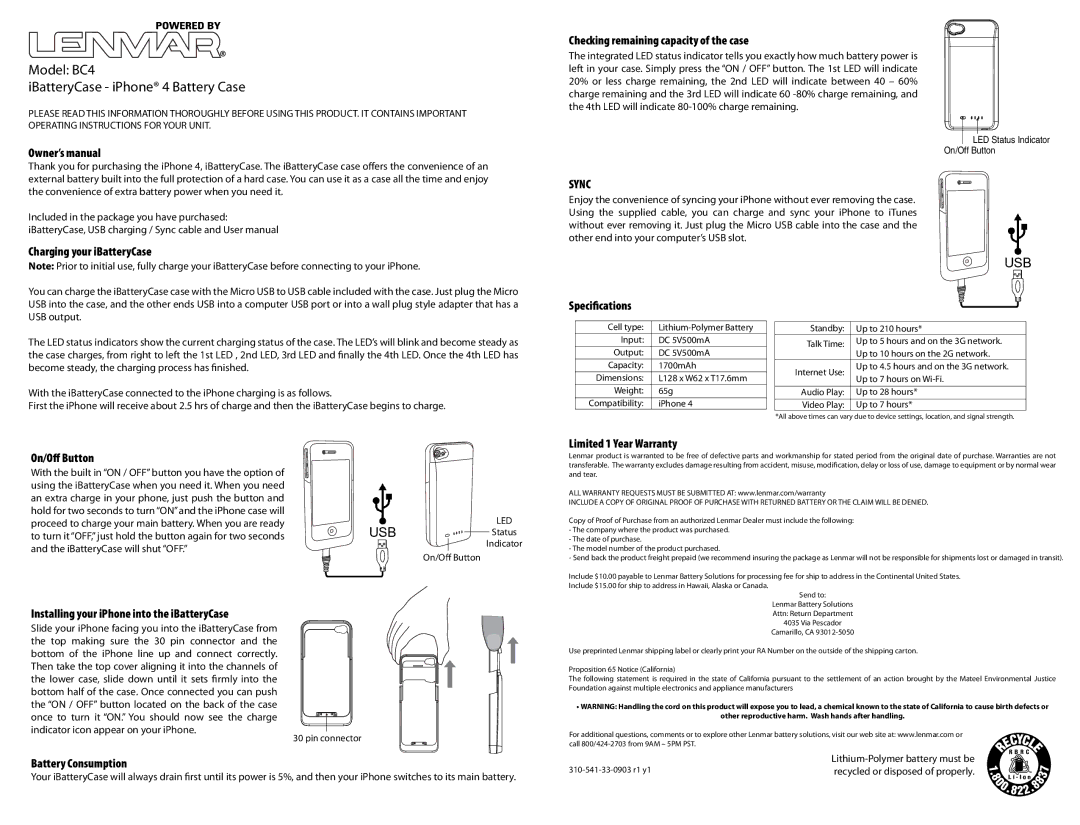 Lenmar Enterprises owner manual Model BC4 IBatteryCase iPhone 4 Battery Case, Speciﬁcations, On/Oﬀ Button 